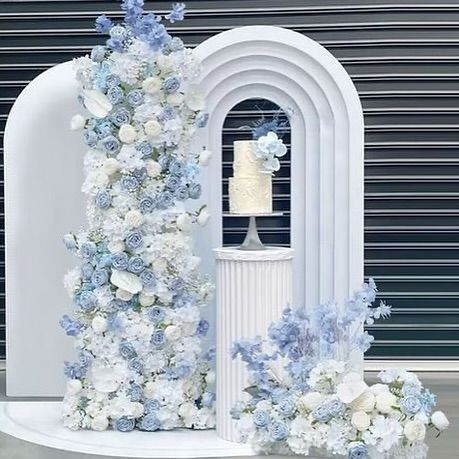 Wedding Decorations Flowers Backdrops, Light Blue Sweet 16 Centerpieces, Blue Photobooth Backdrop, Blue And White Bridal Shower Backdrop, Greyish Blue Wedding Theme, Blue And White Photo Backdrop, Something Blue Backdrop, Engagement Party Blue And White, Blue Flowers Baby Shower Theme