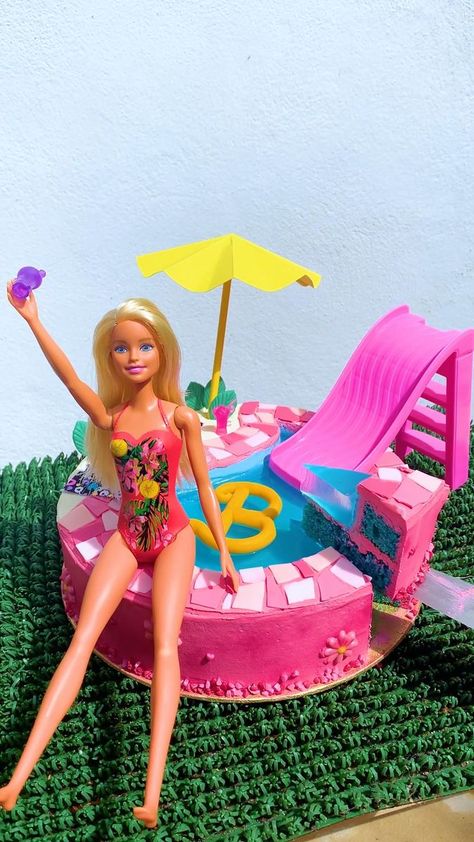 Barbie Pool Jelly Cake | cake, Barbie, fruit preserves | Dive in and bake! 😱 | By Craft Factory Pool Barbie Birthday Party, Jelly Pool Cake, Barbie Pool Cake Ideas, Barbie Beach Cake, Barbie Swim Party, Barbie Pool Party Cake, Barbie Pool Cake, Malibu Barbie Cake, Pool Barbie