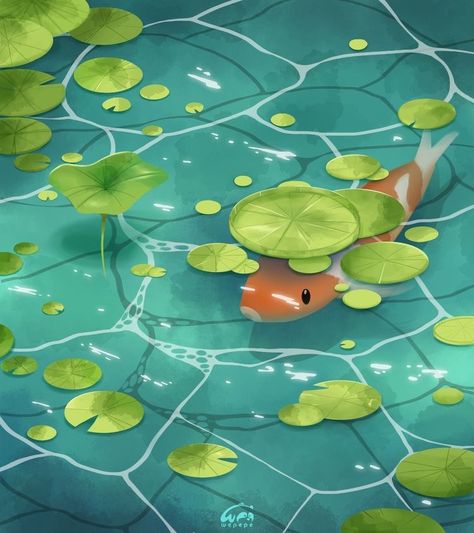 Cute Pond Drawings, Cute Pond Art, Koi Pond Illustration, Cute Fish Illustration, Pond Illustration, Pond Drawing, Pond Art, Buy Fish, Fish Pond