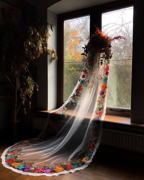 Unique and showstopping wedding veil inspiration, embroidered wedding veil, veil ideas, floral veil, bridal veil (c) Paje Honor Mexican Veil Traditional, Embroider Wedding Veil, Long Veils Bridal Floral, Mexican Embroidered Veil, Mexican Floral Wedding Dress, Colorful Bridal Veil, Non Traditional Wedding Veil, Native American Wedding Veil, Colorful Flower Veil