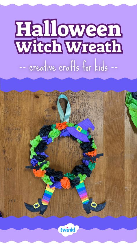 Image shows a Tissue Paper Witch Wreath. The wreath is green, black, purple and orange. The Halloween wreath also features a witch's hat and legs. Wreath Kids Craft, Halloween Witch Wreath, Halloween Resources, Witch Wreath, Fun Craft, Wreath Crafts, Paper Plate, Paper Print, Halloween Witch