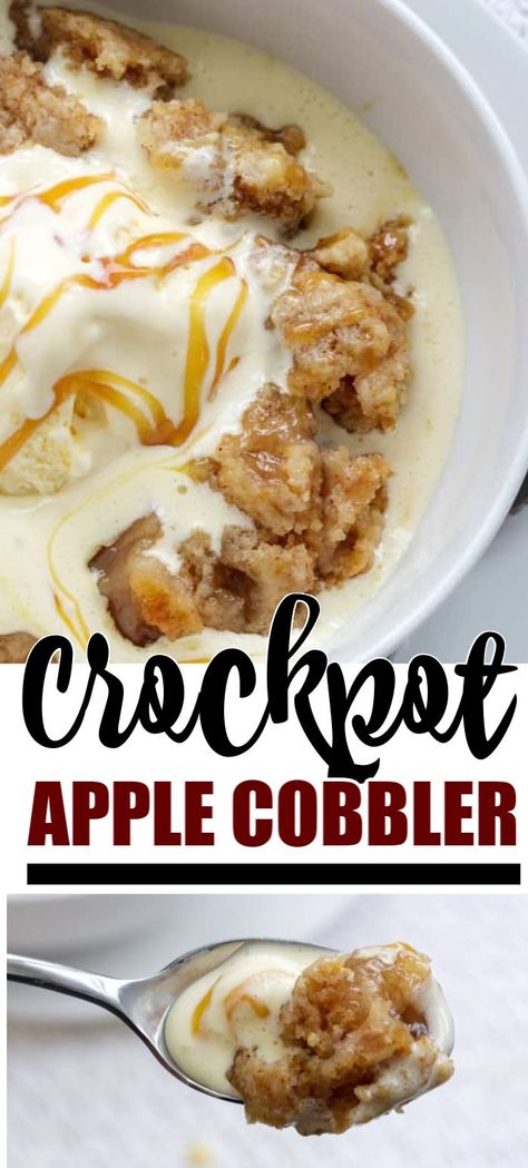 Crockpot Apple Cobbler is made in your favorite slow cooker using a box of cake mix and apple pie filling! #cakemix #doctoredcakemix #cobbler #applecobbler #crockpotdessert #crockpotapplecobbler #falldessert #apples #applepiefilling #amandascookin Crock Pot Apple Cobbler, Crockpot Apple Cobbler, Slow Cooker Apple Cobbler, Crockpot Peach Cobbler, Crockpot Apple, Apple Cobbler Recipe, Slow Cooker Apple, Crockpot Dessert Recipes, Slow Cooker Apples