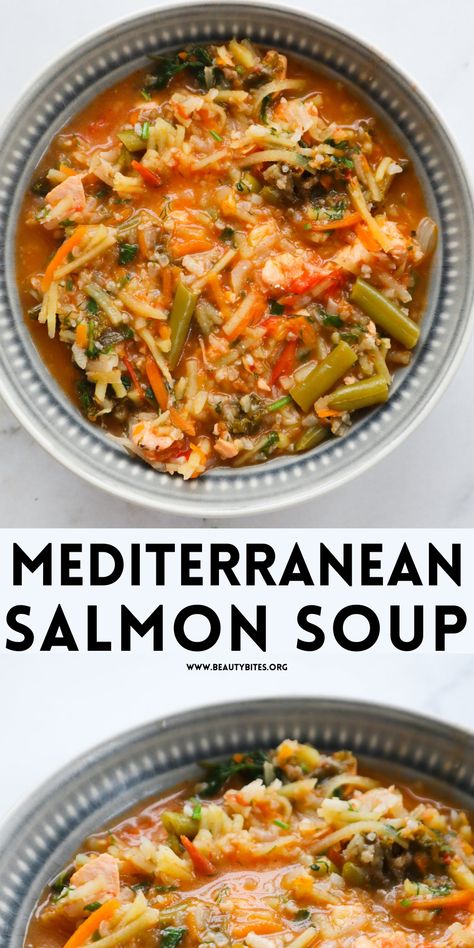 This is a simple Mediterranean salmon soup recipe that will warm you up and keep you healthy. Packed with a lot of different vegetables and healthy salmon this delicious easy soup is good for your soul and your body. Soup Toppings, Crockpot Salmon, Clean Eating Salmon, Mediterranean Soup, Salmon Soup, Mediterranean Salmon, Best Fish Recipes, Lemon Soup, Comfort Soup Recipes