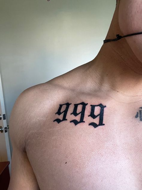 999 Chest Tattoo, 111 Chest Tattoo, 999 Tattoo Design, Modelo Tattoo, 999 Tattoo, Jesus Crucified, Back Tats, Number Tattoos, Just Juice