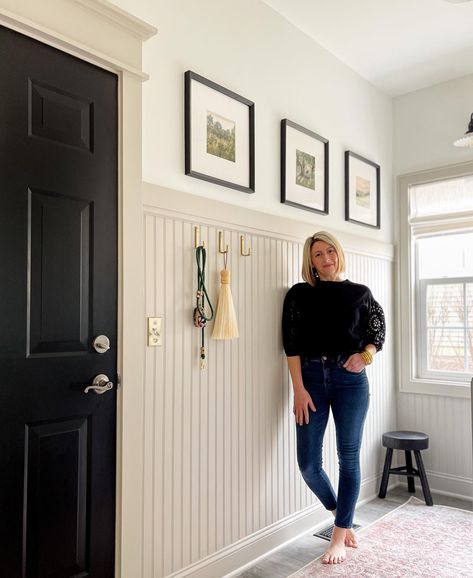 Julie Baird (@athomeontheboulevard) • Instagram photos and videos Narrow Hallway Mudroom, Entryway Moulding Ideas, Beadboard Entryway Ideas, Entry Millwork, Mudroom Wainscoting, Floor To Ceiling Beadboard, Build Entryway, Beadboard Entryway, Beadboard Half Wall