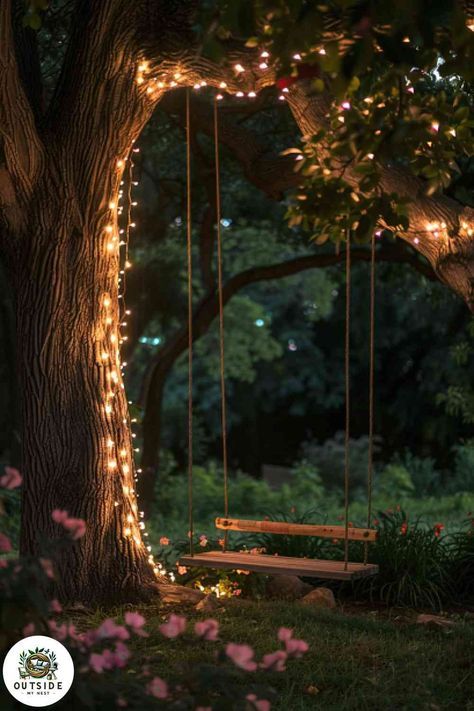 Big Tree In Backyard, Swings In Trees Backyards, Hanging Tree Lights Outdoor, Bench Under A Tree, Under Tree Seating Area, Lights From Trees, Tree Swing Ideas, Tree Swings Diy, Arthur Spiderwick