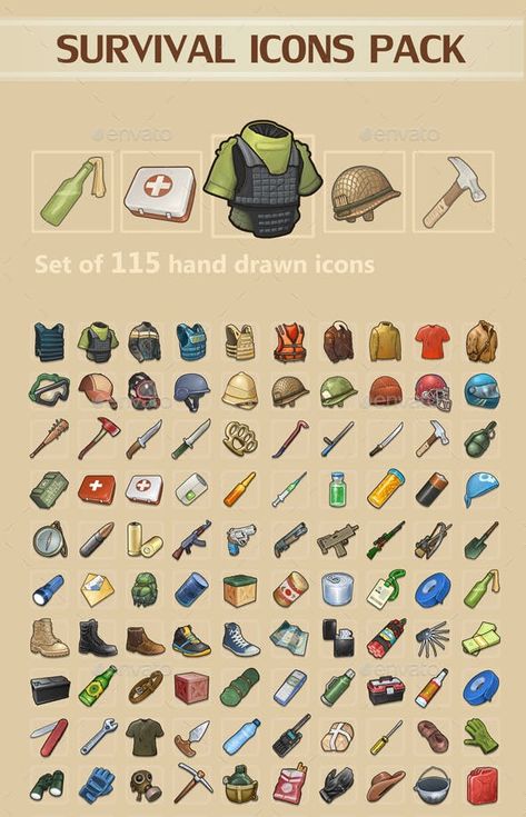 Survival Icons Pack — Photoshop PSD #craft #survivor Game Icon Design, Game 2d, Game Of Survival, Board Game Design, Hand Drawn Icons, Pixel Design, Pixel Art Games, Game Props, Game Ui Design