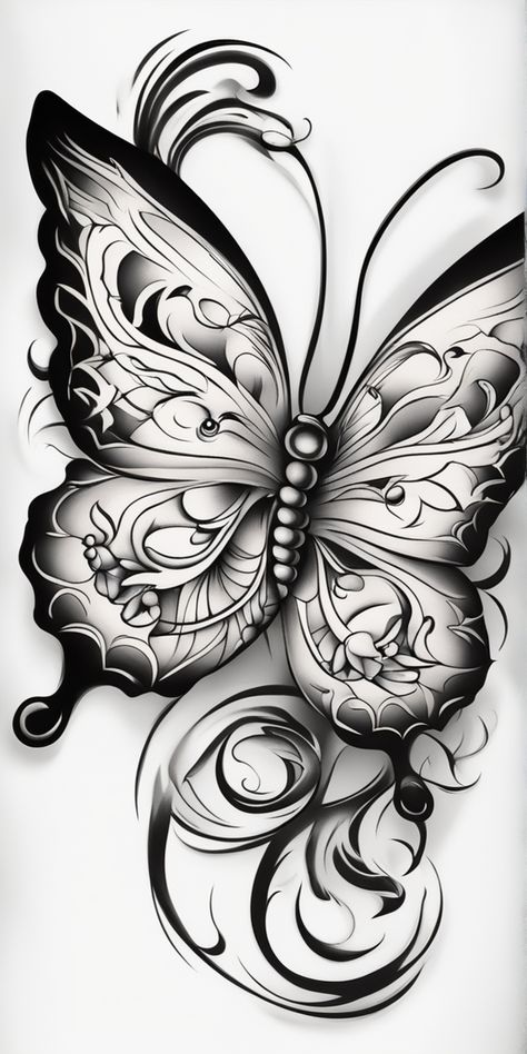 This is a black and white Neo-Traditional style tattoo design featuring a beautifully intricate butterfly. It's presented over a blank canvas, showcasing its stunning details and bold, dramatic lines. Butterfly Mandala Design, Traditional Butterfly Tattoo, Butterfly Tattoo Design, Butterfly Tattoo Stencil, Traditional Style Tattoo, Butterfly Mandala, Butterfly Tattoo Designs, Style Tattoo, Butterfly Drawing