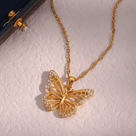 Elegant Hollow out Zircon Butterfly Necklace 18K Gold Plated Stainless Steel Tarnish Free Jewelry https://m.alibaba.com/product/1600536863959/Elegant-Hollow-out-Zircon-Butterfly-Necklace.html?__sceneInfo={"cacheTime":"1800000","type":"appDetailShare"} Butterfly Necklace Gold, Pretty Jewelry Necklaces, Detailed Jewelry, Jewelry Accessories Ideas, Butterfly Pendant Necklace, Butterfly Jewelry, Jewelry Lookbook, Fancy Jewelry, Girly Jewelry