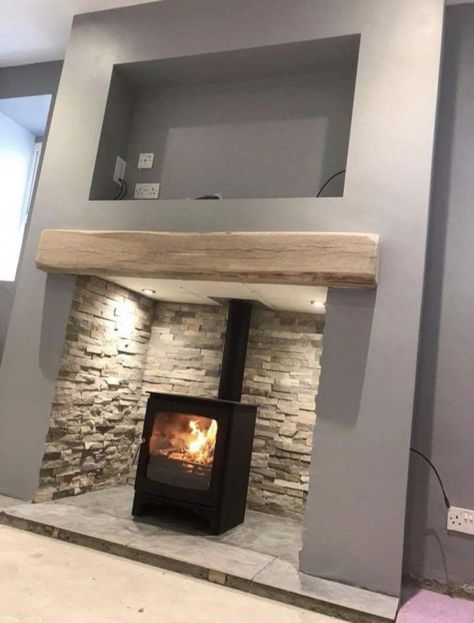 Wood Burner Fireplace Living Room, Tv Over Stove Fireplace Ideas, Open Plan Lounge Ideas, Built In Log Burner, Media Wall With Log Burner And Tv, Fake Log Burner Fireplace, Tv Above Log Burner, Fireplace Ideas Log Burner, Woodburning Stove Fireplace Ideas