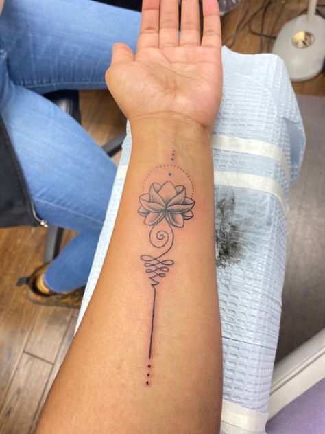 Lotus Unalome Tattoo. A symbol of resilience. Unalome With Semi Colon, Unalome Tattoo Placement Arm, Lotus Flower Unalome Tattoo, Flower Unalome Tattoo, Resilience Tattoo Ideas Symbols, Lotus Unalome Tattoo, Lotus Unalome, Resilience Tattoo, Tattoo Placement Arm