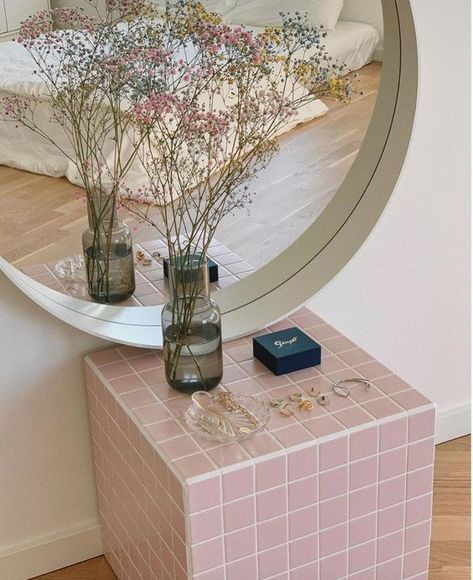 Danish Eclectic, Pastel Apartment, Tile Tables, Danish Pastel Room, Cube Side Table, Tile Furniture, Pastel Room Decor, Plant Goals, Room Vibes