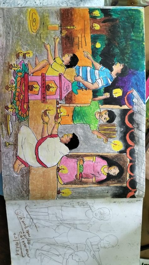 Diwali Composition Drawing, Diwali Memory Drawing Watercolor, Diwali Composition Painting, Diwali Memory Drawing, Kali Pujo, Subject Drawing, Exam Drawing, Students Drawing, Watercolor Composition