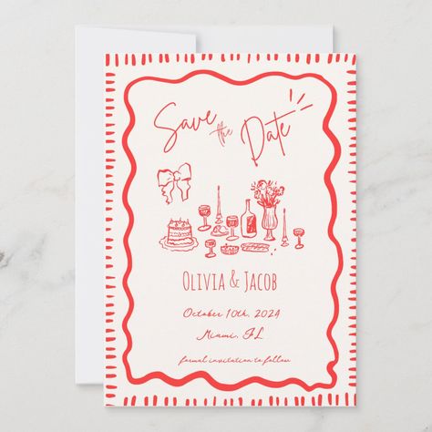 This trendy hand drawn style illustrated wedding save the date invitation features a scribble bow and dinner table elements.  The whimsical and quirky design includes handwritten font and celebration doodles.  Bold red style for classic yet modern wedding stationary. Doodle Invitation Wedding, Celebration Doodles, Doodle Wedding Invitation, Modern Wedding Stationary, Doodle Wedding, Quirky Invitations, Hand Drawn Invitation, Wedding Stationary Design, Hand Drawn Wedding Invitations