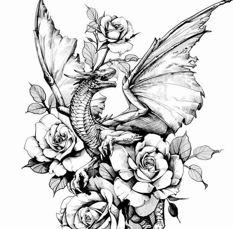 Capricorn Dragon Tattoo, Dragons And Flowers Tattoo, Woman Lower Arm Tattoo, Nature Dragon Tattoo, Dragon And Flower Tattoo For Women, Dragon Tattoo Cover Up, Red Dragon Thigh Tattoo, Mystical Dragon Tattoo, Dragon Sleeve Tattoo Women