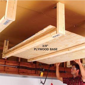 Easy Garage Storage, Diy Storage Projects, Garage Ceiling Storage, Plywood Storage, Overhead Garage Storage, Lumber Storage, Ladder Storage, Overhead Garage, Garage Storage Solutions