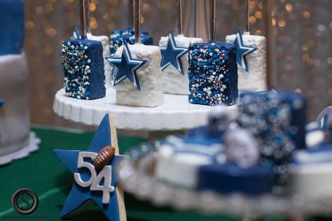 Dallas Cowboys Rice Krispie Treats, Dallas Cowboys Treats, Dallas Cowboy Party Ideas, Dallas Cowboy Birthday Party, Dallas Cowboys Centerpieces Ideas, Dallas Cowboys Baby Shower Ideas, Dallas Cowboys Party Decorations, Dallas Cowboy Party, Dallas Cowboys Party Ideas