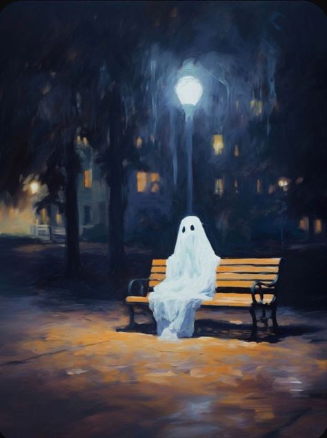 Bench Painting, Cottagecore Artwork, Ghost Paintings, Painting Cottagecore, Ghost Painting, Ghost Drawing, Witchy Wallpaper, Halloween Artwork, Halloween Wallpaper Iphone