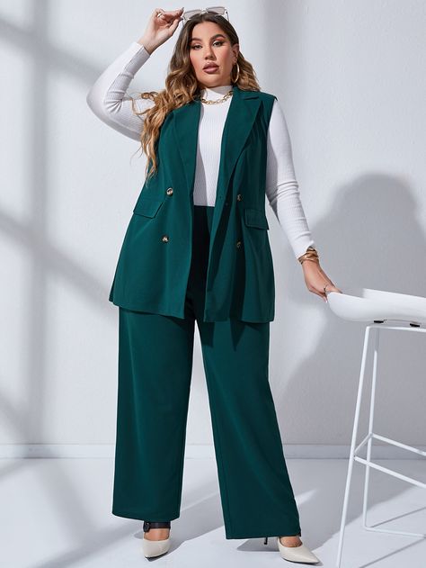 Plus Double Breasted Vest Blazer & Pants Without Belt Blue Vest Women, Outfit Formal Mujer, Slacks Outfit, Plus Size Suit, Office Outfits Women Casual, Outfits Gorditas, Blazer Plus Size, Double Breasted Vest, Plus Size Suits