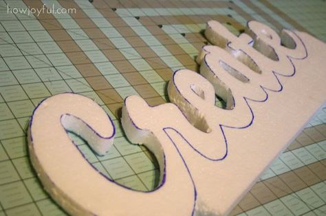 STYROFOAM WORD WALL ART. Inexpensive with impressive results. Make template on computer using your chosen font enlarged to size you want. Trace on to 1" styrofoam, cut out, & decoupage with tissue paper ... or whatever you want: fabric, craft paper, scrapbook paper, etc. Finish with protective spray and there you are! Foamboard Crafts, Decoupage With Tissue Paper, Diy Word Art, Styrofoam Art, Styrofoam Crafts, Wall Art Tutorial, Diy Props, Paper Scrapbook, Movie Set