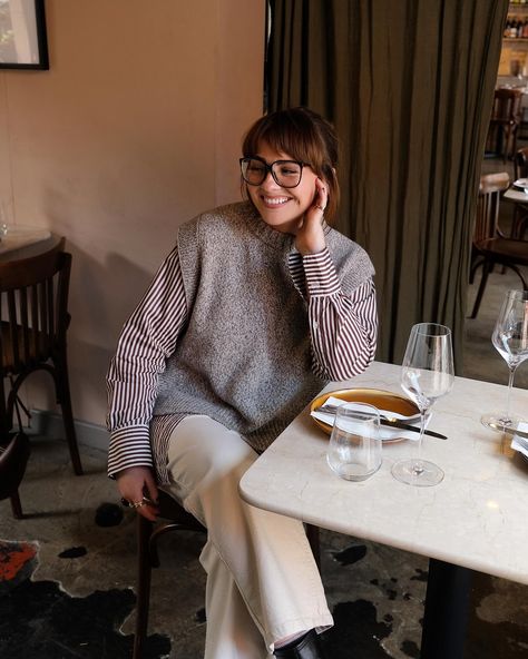 Striped shirts & knitted vests on repeat 👋🏼 Knitted Vest Outfit, Knitted Vests, Striped Shirts, Photo Corners, Vest Outfits, On Repeat, Striped Shirt