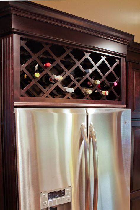 Wine Rack Above Fridge, Kitchen Cabinet Wine Rack, Wine Rack Ideas, Above Refrigerator, Above Fridge, Wine Rack Projects, Top Kitchen Cabinets, Wine Rack Design, Built In Wine Rack