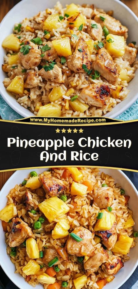 This pineapple chicken and rice is savory, sweet, and filled with tropical flavors. A delicious, one-pan meal! Ingredients: 2 chicken breasts, diced 1 cup rice 1 cup pineapple chunks 1 cup chicken broth Serve this pineapple chicken and rice for a flavorful and easy dinner Pineapple Chicken And Rice, Pineapple Chicken Stir Fry, Stir Fry With Egg, Juicy Baked Chicken, Chicken And Rice Dishes, Pineapple Chunks, Pineapple Chicken, Cooked Rice, Savory Chicken