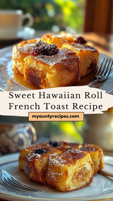 This Sweet Hawaiian Roll French Toast Recipe takes classic French toast to the next level by using soft, sweet Hawaiian rolls! Each roll is soaked in a cinnamon-spiced egg mixture, then fried to golden perfection, resulting in a sweet, pillowy breakfast treat. Serve with fresh fruit, maple syrup, or a dusting of powdered sugar for a tropical twist on your favorite breakfast. Custard French Toast Recipe, Hawaiian Roll French Toast, Sweet Hawaiian Rolls, Fluffy French Toast, Easy Custard, Hawaiian Roll, French Toast Casserole Overnight, Classic French Toast, Cozy Morning