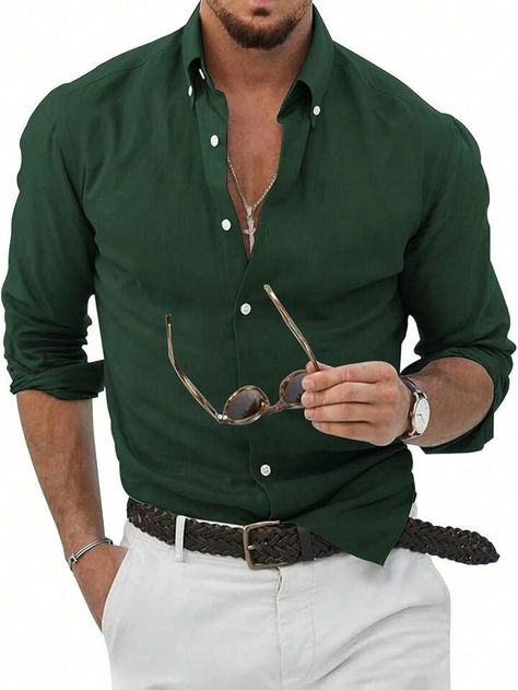 Men's Plus Size Button Down Long Sleeve Shirt | SHEIN USA Dark Green Shirt Outfit Men Casual, Forest Green Shirt Outfit, Outfit Camisa Verde, Green Button Up Outfit, Dark Green Clothes, Birthday Concept, Mens Fall Outfits, Long Sleeve Dress Shirts, Dark Green Shirt