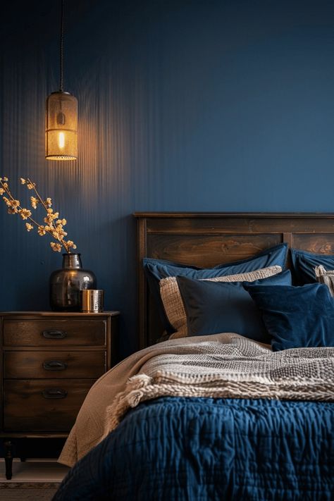 29 Moody Bedroom Retreats 1 Peacock Color Room Ideas, Dark Green Blue Bedroom, Dark Blue Walls Bedroom, Small Blue Bedroom, Waterfront Townhouse, Deep Blue Bedroom, Dark Blue Color Scheme, Moody Blue Bedroom, Teal Blue Bedroom