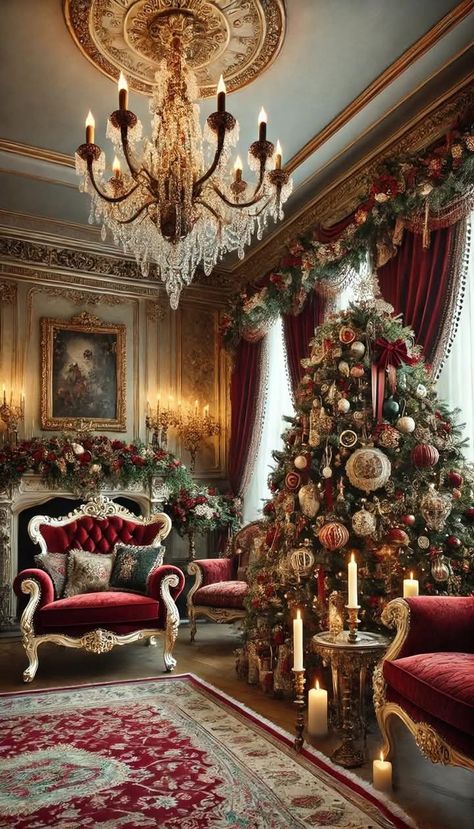 Victorian Living Room Christmas, Victorian House Christmas Decorations, Ornate Christmas Tree, Victorian Era Christmas Aesthetic, Old Hollywood Christmas, Luxury Christmas Aesthetic, Victorian House Christmas, Victorian Christmas Aesthetic, Victorian Christmas Decor