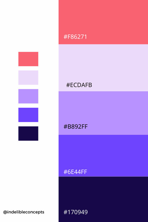 Violet, Pink, and Indigo Color Palette Inspiration | #violet #indigo #pink #purple #colorpalette #colors #graphicdesigns #brandidentity #branddesigns Indigo Color Palette, Blue And Purple Pallet, Blue And Violet Color Palette, Blue Violet Palette, Blue Purple Scarlet Color Scheme, Red Violet Color Palette, Red Violet Palette, Pink Blue Violet Color Palette, Pink Palette