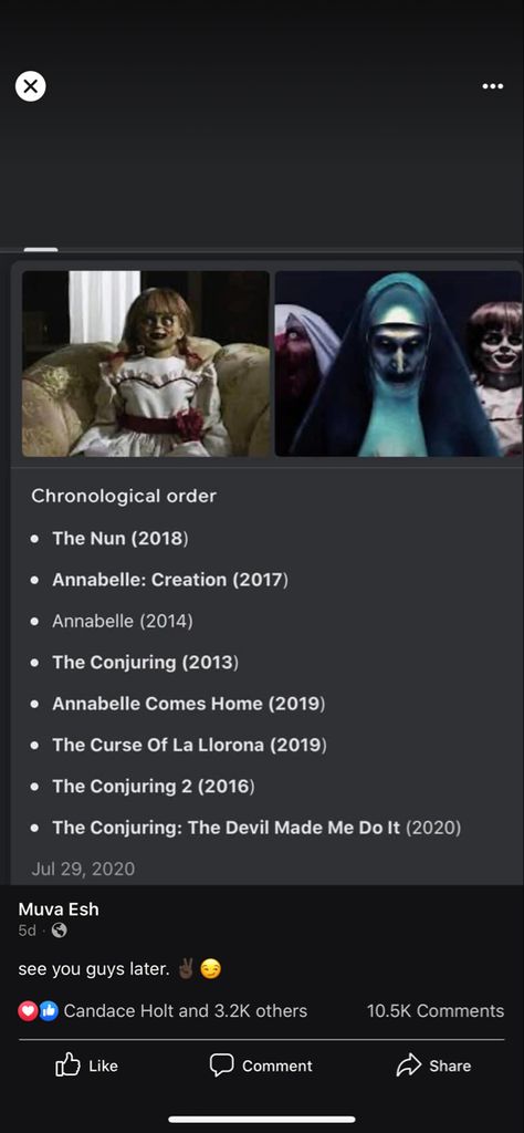 Conjuring Chronological Order, Annabelle Movies In Order, Conjuring Movies In Order, Conjuring Nun, Scary Movie List, Boiled Food, Cute Date Ideas, Movie Time, Chronological Order