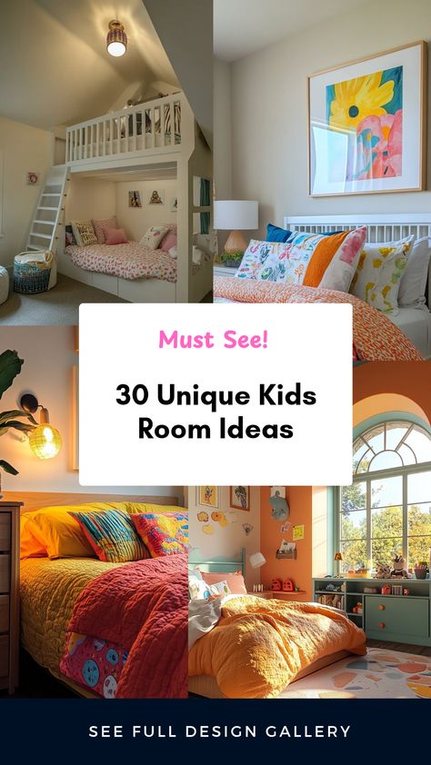 Transform your child's bedroom with these 30 unique kids room ideas! Explore vibrant color schemes, playful designs, and functional layouts that encourage creativity. From whimsical themes to educational spaces, find inspiration for every personality. Whether you're working with a small area or planning a complete makeover, our guide provides practical tips on storage solutions and decor to make it fun and organized. Create a memorable space that reflects your child's individuality and supports their play and learning. Discover ideas that parents and kids will love! Bedroom For Kids, Unique Kid Rooms, Kids Room Ideas, Kids Bedroom Ideas, Bedroom Ideas Inspiration, Pastel Room, Simple Room, Kids Seating, Daughters Room