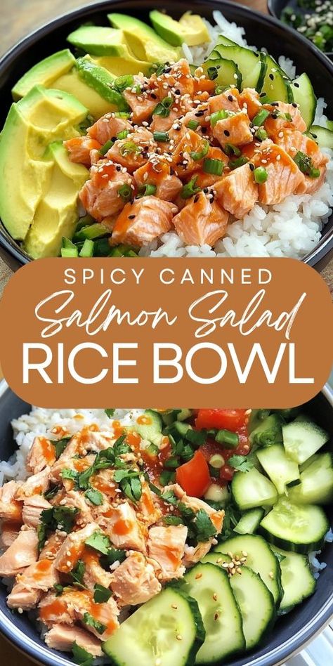 Looking for a quick, healthy, and flavorful meal? Try this Spicy Canned Salmon Salad Rice Bowl! It’s packed with protein, omega-3s, and a spicy kick, perfect for a balanced lunch or dinner. Ready in just minutes, this meal is both budget-friendly and nutritious. 🥗🍚 Don’t miss out on this easy recipe—perfect for meal prepping! 👉 Pin now to make this healthy bowl later! #SalmonBowl #HealthyRecipes #QuickMeals #SalmonRecipes #MealPrep #SpicyRecipes #BudgetFriendlyMeals Canned Salmon Rice Bowl, Canned Salmon Salad, Balanced Lunch, Canned Salmon Recipes, Healthy Bowl, Spinach Rice, Salmon Rice Bowl, Canned Salmon, Salmon Bowl