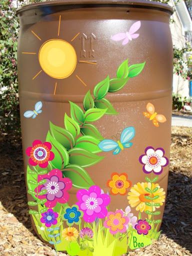 Thumb of 2012-03-24/Boopaints/8a9e07 Barrels With Flowers, Painted Trash Cans, Rain Barrels, Water Barrel, Garden Whimsy, Rain Chain, Water Collection, Soil Layers, Painting Plastic