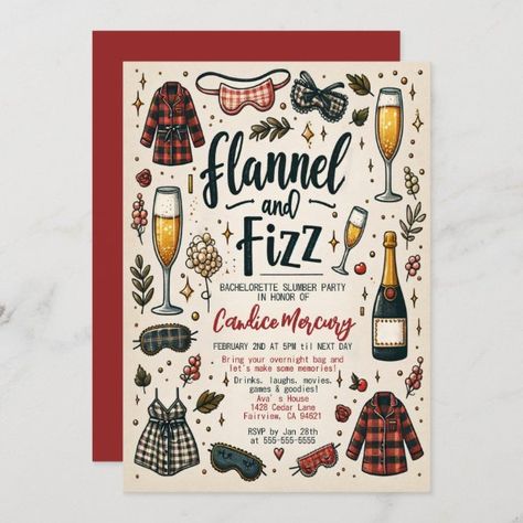 Cute Flannel and Fizz Slumber Bachelorette Party Invitation Sleepover Bachelorette Party, Flannel And Fizz, Bachelorette Slumber Parties, Bachelorette Sleepover, Party Sleepover, Cute Pajama, Bachelorette Party Invitation, Bachelorette Party Invitations, Slumber Party