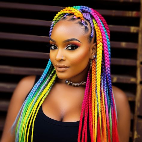 Rainbow Colored Box Braids Unicorn Box Braids, Burning Man Hairstyles, Colourful Braids, Fav Hairstyles, Ombre Box Braids, Colored Box Braids, Rainbow Braids, Braids Hairstyles For Black Women, Hairstyle Tips