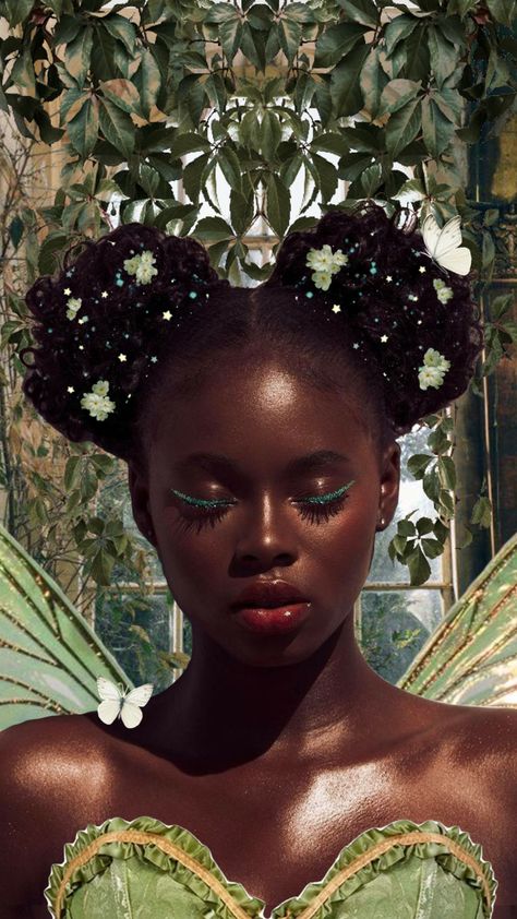 #fairy #tinkerbell #green #butterflies #nature #pretty #aesthetic #collageart #ethereal #fantasy #whimsical Ethereal Black Hairstyles, Fairy Beauty Aesthetic, How To Be A Fairy Aesthetic, Black Fairy Hairstyles, Black Goddess Fashion, Black Fairy Photoshoot, Fairy Esthetics, Enchanted Forest Aesthetic Outfit, Fairy Hairstyles Black Women