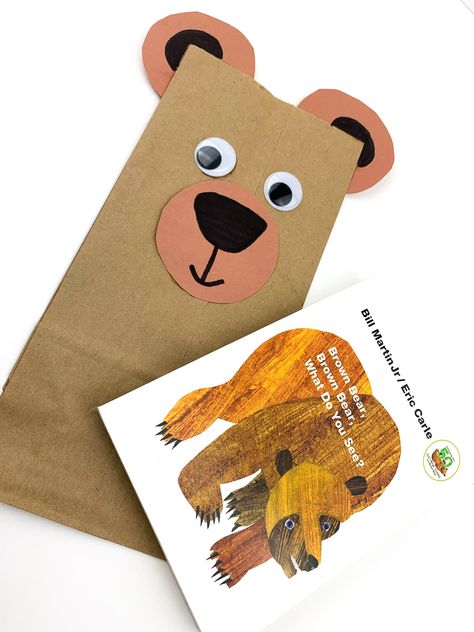 Grab your brown bag and make this adorable Brown Bear Paper Bag Craft! It's the perfect craft to do while reading the book Brown Bear, Brown Bear, What Do You See? With only a handful of supplies this craft is so easy and fun. Brown Bear Paper Bag Craft, Brown Paper Bag Puppets, Color Brown Crafts Preschool, Brown Bear Book Activities, Paper Bag Bear Craft, Brown Crafts For Preschoolers, Bear Crafts For Toddlers, Brown Bear Brown Bear Crafts, Brown Paper Bag Crafts