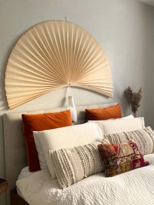 Fan Over Bed, Fan On Wall, Wall Fan Decor, Fan Wall Decor, Hanging Headboard, Fan Decor, Bamboo Fan, Beautiful Headboards, Bed Wall Decor