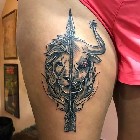 Lion And Taurus Tattoo, Leo Taurus Sagittarius Tattoo, Leo Taurus Tattoo Ideas, Taurus Leo Tattoo Design, Bull And Lion Tattoo, Leo And Taurus Tattoo Combined, Taurus And Leo Tattoo Together, Lion And Bull Tattoo, Leo Taurus Tattoo