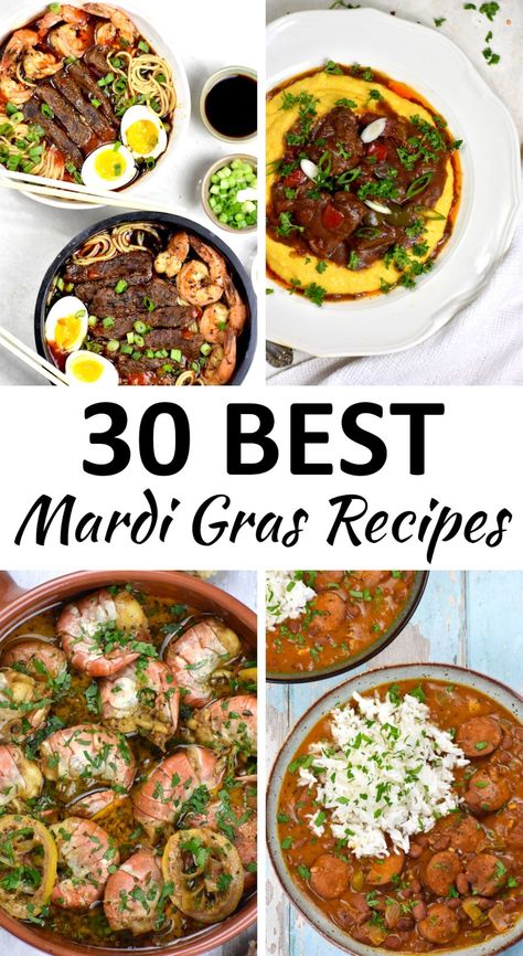 This list of amazing Mardi Gras Recipes includes a huge variety of dishes to help you put on the best Carnival celebration ever! Mardi Gras Dinner Recipes, Mardi Gras Dinner Ideas, Bayou Recipes, Mardi Gras Food Appetizers, Mardi Gras Recipes Easy, Mardi Gras Dinner Party, Mardi Gras Party Food, Jambalaya Soup, Mardi Gras Recipes