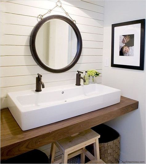 No room for a double sink vanity? Try a trough style sink with two faucets for a space-saving alternative. Narrow Bathroom Vanities, Makeover Kamar Mandi, Farmhouse Bathroom Sink, Farmhouse Bathroom Vanity, Narrow Bathroom, Trough Sink, Casa Country, Modern Farmhouse Bathroom, Master Bath Remodel