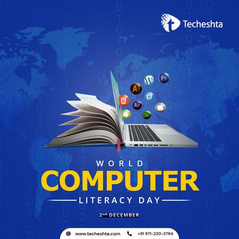 We live in a digital era where technology and computers play a significant role in daily activities. Our life is incomplete without a computer. They changed the life and make things smooth for us. Happy World Computer Literacy Day! #WorldComputerLiteracyDay #DigitalIndia #computer #literacy #world #improveworld #learn #computerliteracyday #Dec02 #computerlife #technology #digitallife #technology #computerliteracyday2020 #Techeshta World Computer Literacy Day Poster, Digital Literacy Posters, Computer Education Poster Design, World Computer Literacy Day, Jolly Phonics Activities, Education Brochures, School Advertising, Student Apps, Soft Board