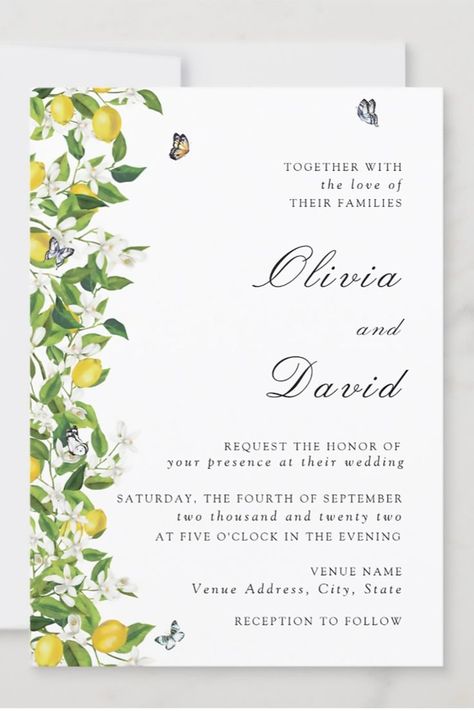 The design of this wedding invitation is of a wall of lemon tree branches, white flowers, green leaves and summery butterflies. Butterfly Wedding Invitations, Tree Wedding Invitations, Butterfly Wedding, Butterfly Photos, Photo Wedding Invitations, Flowers Green, Lemon Tree, Tree Wedding, Elegant Wedding Invitations