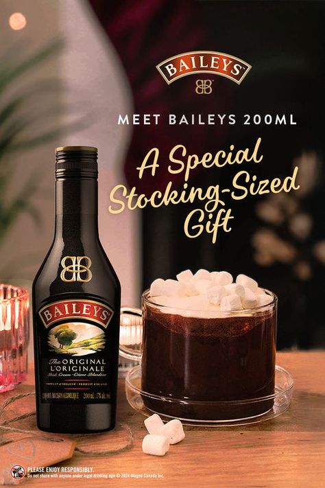 The holidays hit different when there’s a 200mL bottle of Baileys Original Irish Cream in your stocking. With its smooth, creamy flavour, it's the perfect gift to indulge in with friends and family, whether sipped on its own, mixed into festive cocktails, or drizzled over dessert. To add a rich and cozy touch to every celebration this season, find the smaller bottle of this iconic liqueur near you. Baileys Original Irish Cream, Baileys Original, Hit Different, Delicious Drink Recipes, Festive Cocktails, Irish Cream, Small Bottles, Drink Recipes, Yummy Drinks