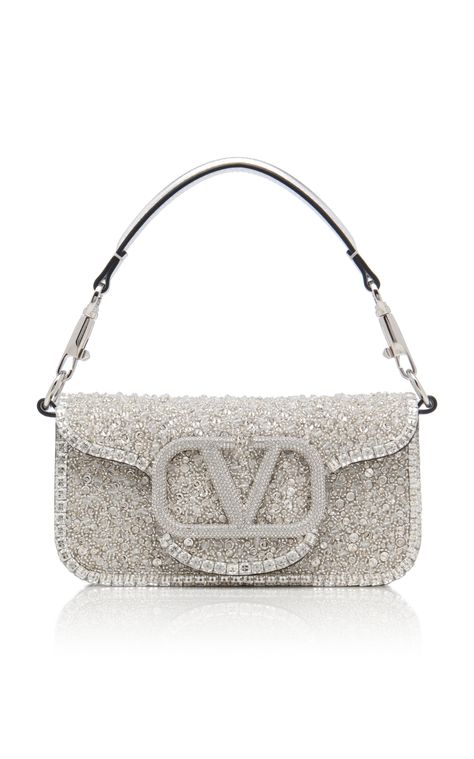 Valentino Garavani Loco Silk Rhinestone Small Shoulder Bag by VALENTINO for Preorder on Moda Operandi Luxurious Handbags, Embroidered Shoulder Bag, Valentino Garavani Bag, Fancy Bags, Pretty Bags, Valentino Bags, Designer Shoulder Bags, Crystal Embellishment, Small Shoulder Bag