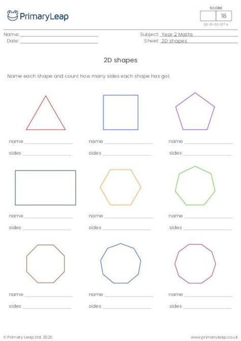 This colourful maths activity will help pupils name and identify common 2D shapes. There are 9 2D shapes on the page. Students name each shape and write how many sides each shape has got. Year 3 Maths Worksheets, Maths Shapes, Grade 2 Social Studies, Year 3 Maths, Year 2 Maths, Angles Math, Worksheet Math, Number Names, Two Dimensional Shapes