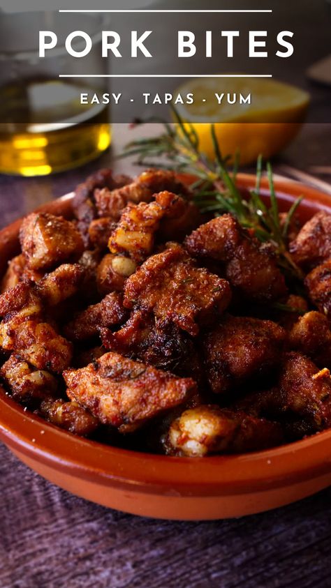 Pork Tapas Recipes, Tapas Lunch Ideas, Spanish Pork Belly Recipes, Pork Appetizers For Party, Pork Loin Appetizer Recipes, Pork Chop Appetizer, Pork Belly Appetizer Recipes, Pork Appetizer Recipes, Pork Belly Bites Recipes